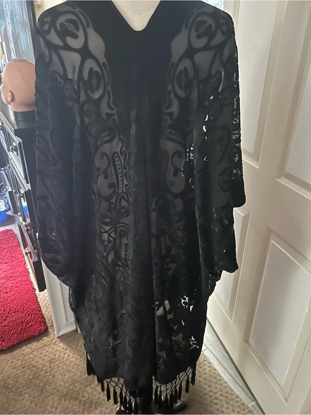 Sheer Black Velvet Burnout Kimono with Fringe